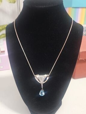 Pear Cut AQUA MARINE or Blue Topaz Blue Stone In A 925 ART Deco Inspired Design.